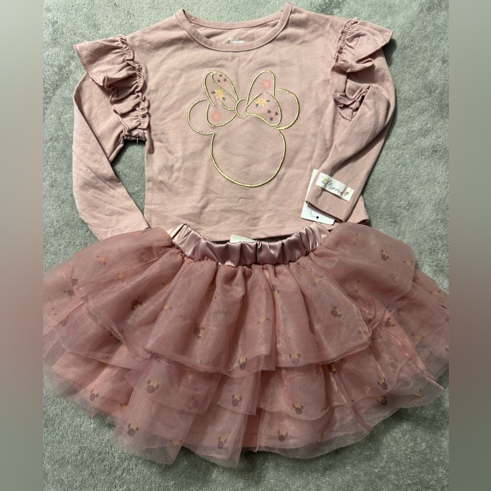 Disney Baby Minnie Mouse 2 Pc Long Sleeve Embroidered Top Tulle Skirt-Dusty Rose
